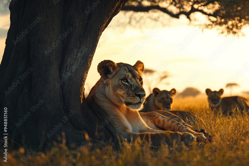 Naklejka premium Majestic Lioness Relaxing Under Tree with Cubs at Sunset in African Savanna