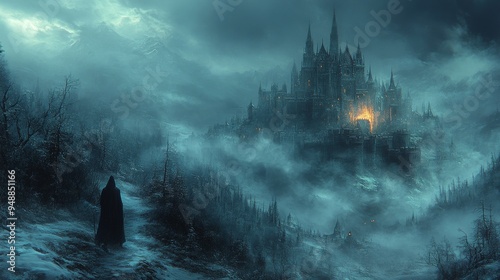 Cloaked figure walks through a misty forest towards a distant, dark, and imposing castle illuminated by an eerie light photo