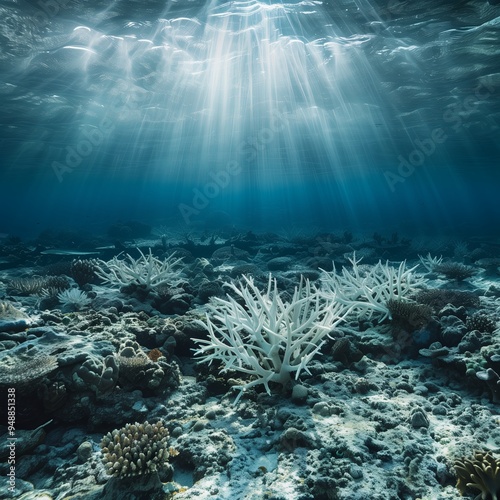 close up coral reef bleached and dying with marine life struggling in the affected area, underwater scene with bleached corals and diminished marine biodiversity, filtered
