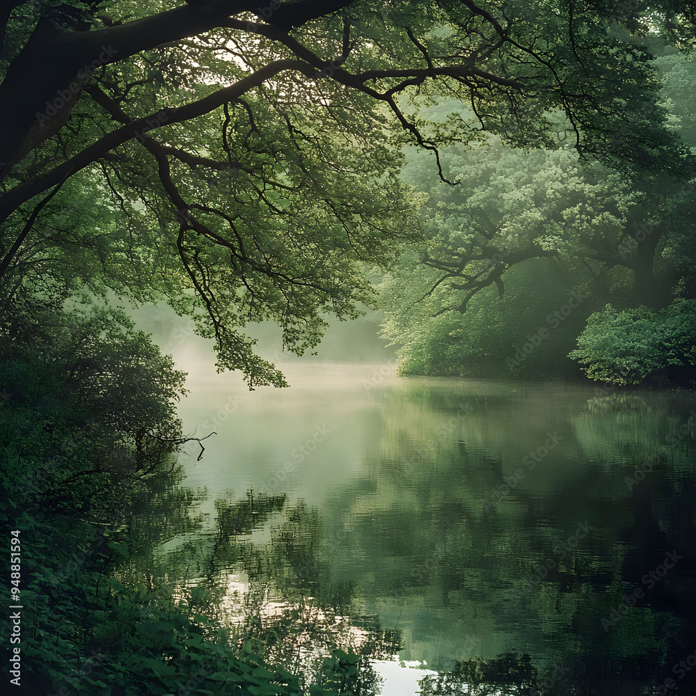 Fototapeta premium A peaceful water reservoir surrounded by lush greenery and vibrant foliage, creating a serene atmosphere.