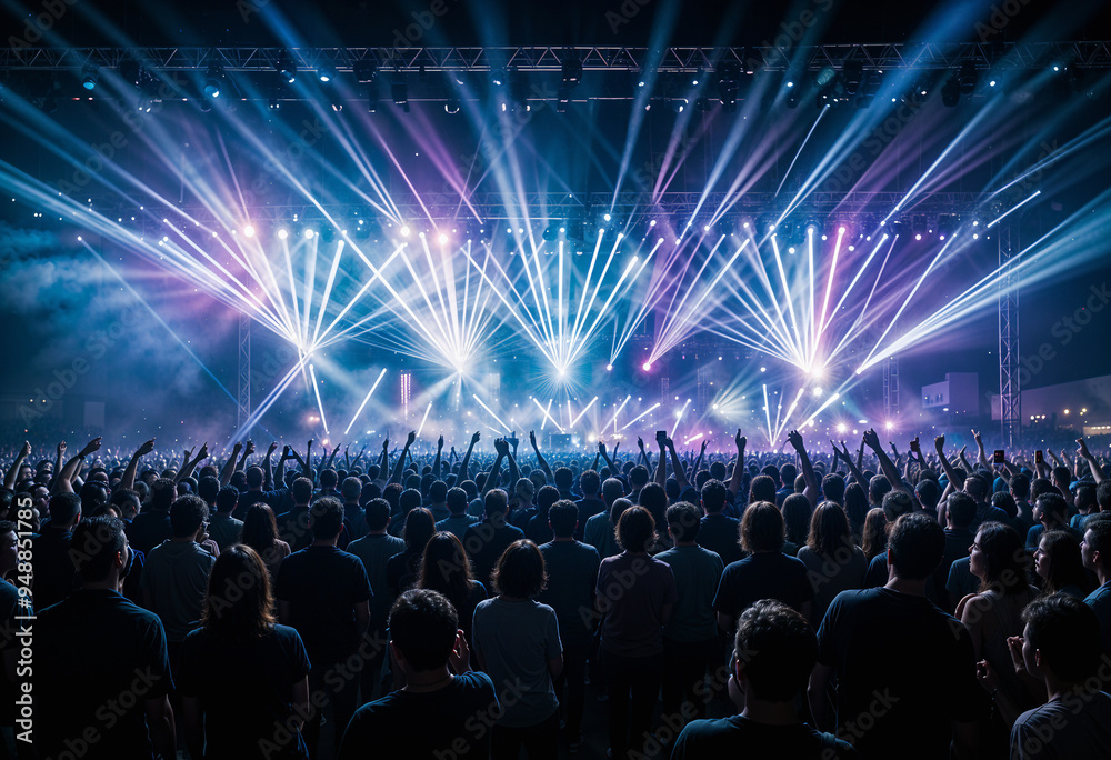A massive audience enjoys a live performance as the stage comes alive with bright, colorful lights and lasers, casting a vibrant, electrifying display across the crowd.