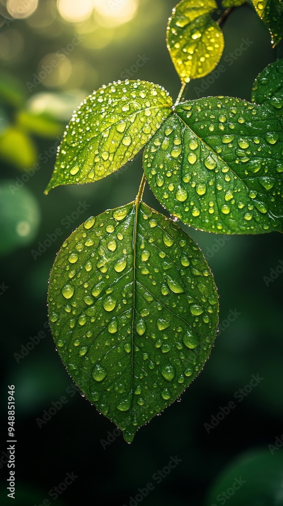 Close-up of fresh green leaves covered in water droplets, with a soft, blurred natural background in the sunlight Close-up of fresh green leaves covered in water droplets, with a soft, blurred natural background in the sunlight