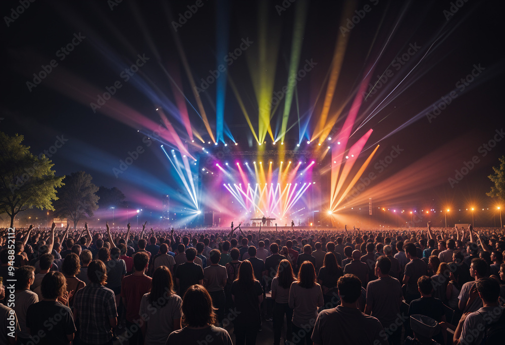 A massive audience enjoys a live performance as the stage comes alive with bright, colorful lights and lasers, casting a vibrant, electrifying display across the crowd.