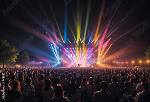 Obraz na płótnie A massive audience enjoys a live performance as the stage comes alive with bright, colorful lights and lasers, casting a vibrant, electrifying display across the crowd. w salonie
