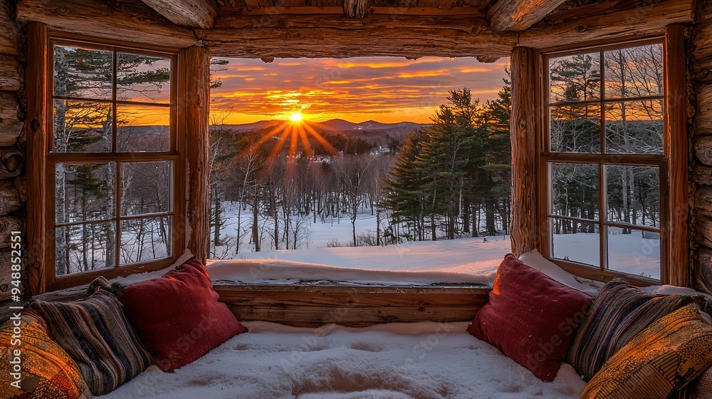 Log cabin window displays snowy forest and sunset Log cabin window displays snowy forest and sunset