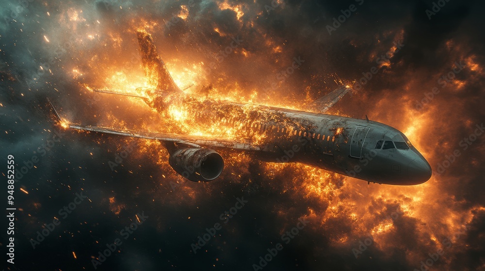 Image portrays a dramatic scene of an airplane engulfed in flames, flying through dark, dense, and fiery clouds in the sky Image portrays a dramatic scene of an airplane engulfed in flames, flying through dark, dense, and fiery clouds in the sky