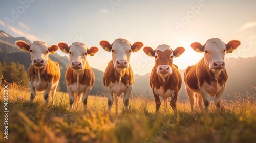 Herd of cows standing in a field during golden hour, serene pastoral scene. photo