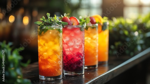 Four vibrant cocktails in tall glasses, garnished with fresh mint and fruit, are displayed on a bar counter