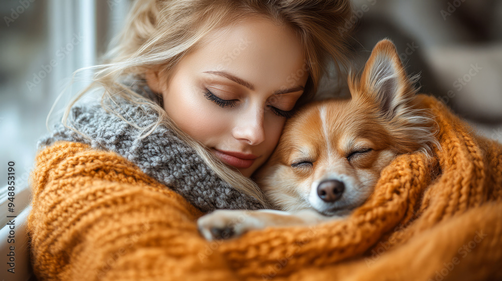 A woman with her dog by her side near a cozy autumn window. Perfect for themes of companionship, relaxation, and fall comfort.. A woman with her dog by her side near a cozy autumn window. Perfect for themes of companionship, relaxation, and fall comfort..