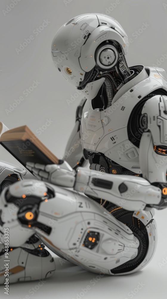 Futuristic robot, detailed with lights and mechanical parts, is sitting and reading a book against a plain background Futuristic robot, detailed with lights and mechanical parts, is sitting and reading a book against a plain background