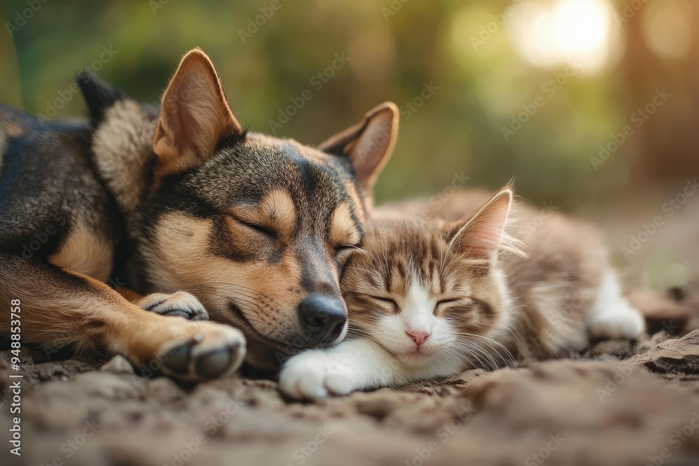 Cozy dog and cat cuddling under a blanket outdoors during fall. Cozy dog and cat cuddling under a blanket outdoors during fall.