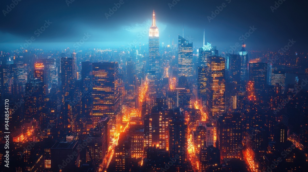 Fototapeta premium Nighttime Cityscape with Skyscrapers and Lights