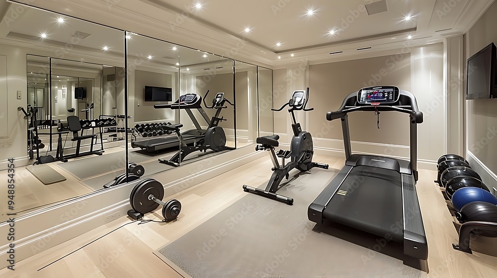 Obraz premium Contemporary home gym with mirrored walls 