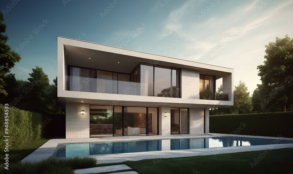 Modern, secure home with sleek design, lush greenery, sunset glow. Modern, secure home with sleek design, lush greenery, sunset glow.
