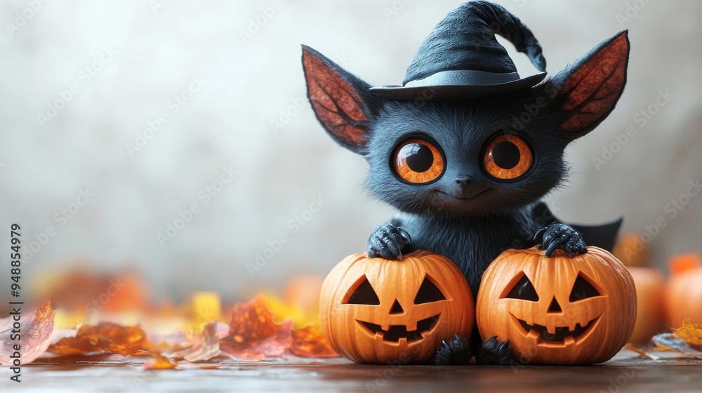 Naklejka premium Cute creature with large orange eyes, wearing a witch hat, holds two carved pumpkins amid autumn leaves and decorations