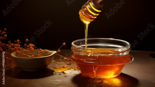 honey drips from the spoon into a glass jar or bowl still life. Neural network ai generated art photo