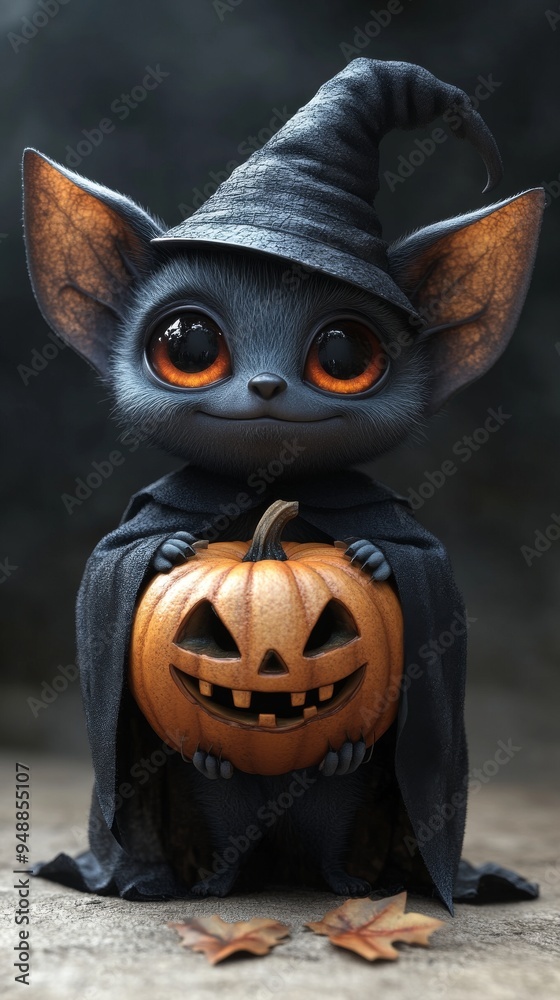 Cute, big-eyed creature wearing a witch's hat and cloak, holding a carved pumpkin, with scattered leaves on the ground Cute, big-eyed creature wearing a witch's hat and cloak, holding a carved pumpkin, with scattered leaves on the ground