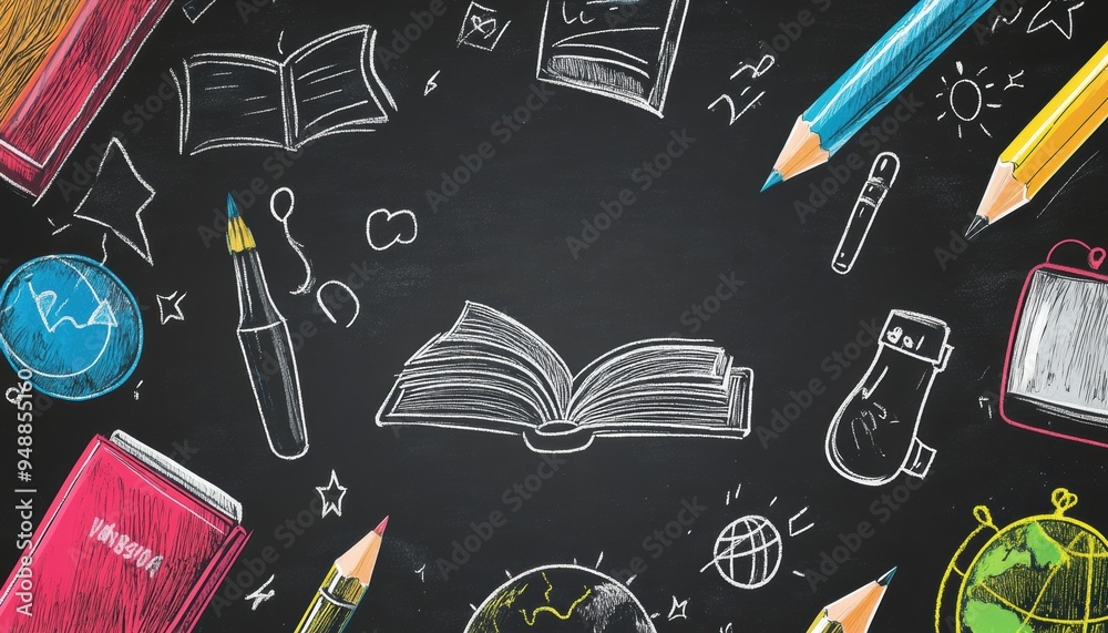 Back-to-School Vibes: Colorful Chalk Illustrations on Blackboard with Promotional Text for Education Advertisement