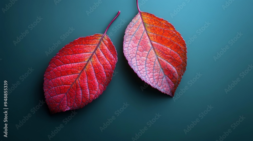 Obraz premium Image shows two vibrant red autumn leaves with intricate vein patterns, placed against a smooth teal background, artistically arranged