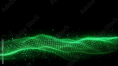 Abstract futuristic wave with moving dots. Flow of colored particles and lines. Cyber technology illustration. Big data visualization. 3d rendering