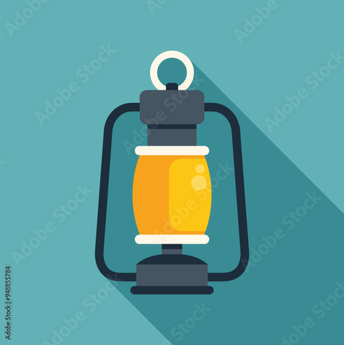 Vintage camping lantern is casting a long shadow on a turquoise background, evoking feelings of nostalgia and adventure