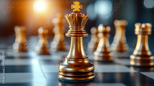 luxury metal chess piece on a blurred chessboard, symbolizing strategy, power, and competition. The elegant design and lighting highlight the intricacies of the game and decision-making