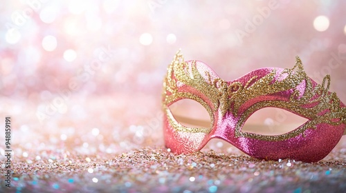 pink and gold masquerade mask on the ground with glitter in the background