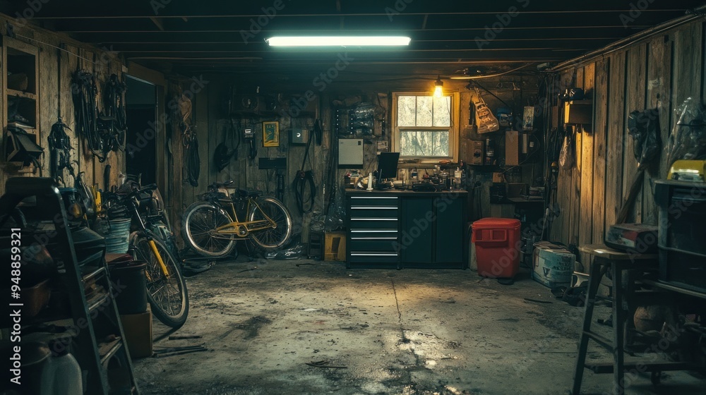 Dusty Garage with Bicycle and Workbench. Dusty Garage with Bicycle and Workbench.