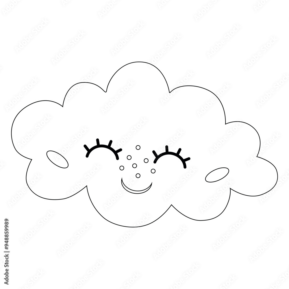 Coloring page cute character cloud with big eyes, fluffy clouds, fairy tale, fantasy, doodle style, black and white.