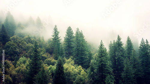Forest landscape at dawn with mist rising above the trees