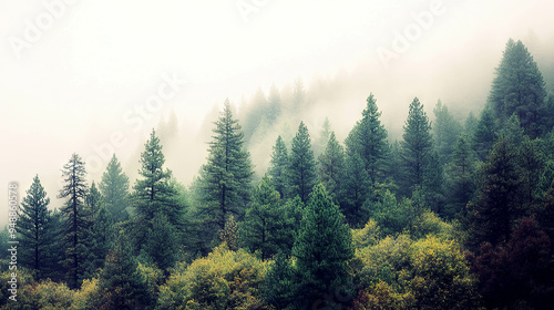 Forest landscape at dawn with mist rising above the trees