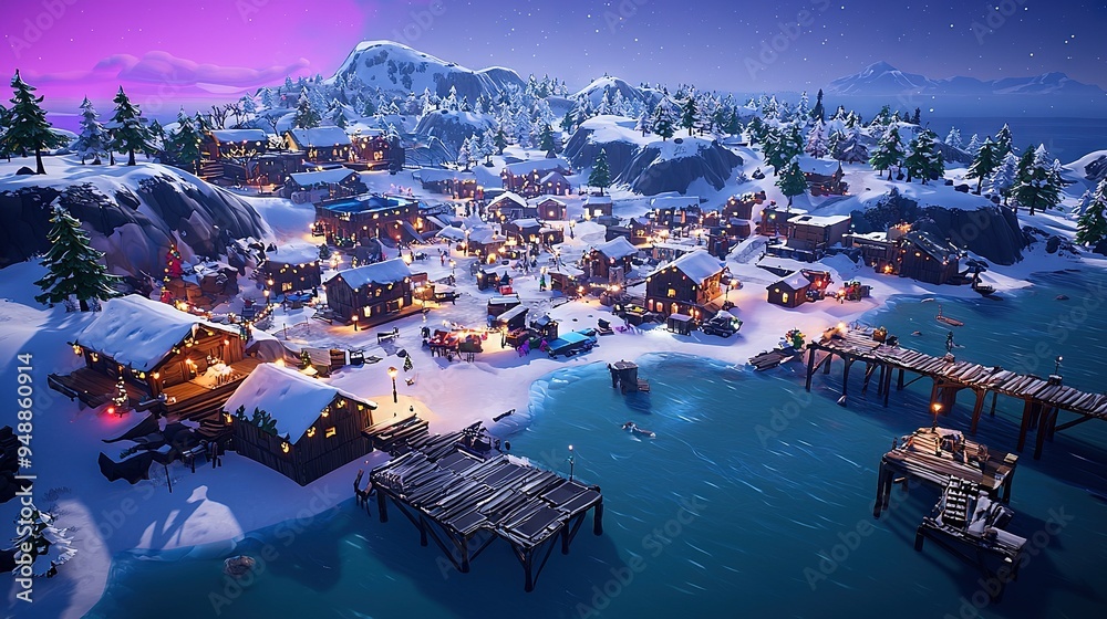 Naklejka premium A photo of a snowy town with a dock and snowy mountains behind it, featuring a vibrant purple sky