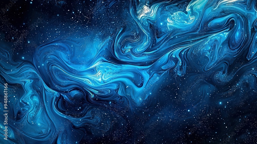 Blue-and-white swirls and stars fill the night sky, with stars shining brightly on the left Blue-and-white swirls and stars fill the night sky, with stars shining brightly on the left