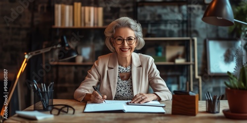 A woman is sitting at a desk with a pen and a notebook. She is smiling and she is happy