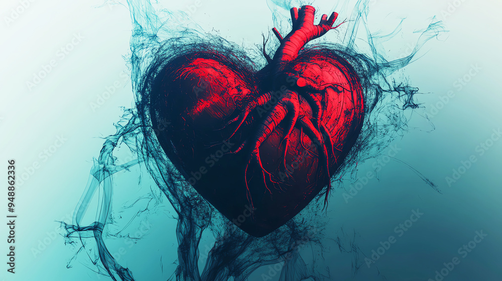 Fototapeta premium Abstract representation of a heart surrounded by dark shadows and jagged lines
