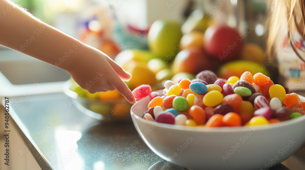 A child reaching for a bowl of candy on a kitchen counter A child reaching for a bowl of candy on a kitchen counter