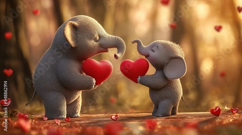 Two charming elephants hold red hearts under a canopy of trees, symbolizing love, family, joy, and affection in a serene setting. photo