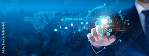 Machine Learning concept: Businessman touching algorithm icon on virtual interface, data analysis, pattern recognition, automation, artificial intelligence, predictive modeling. photo