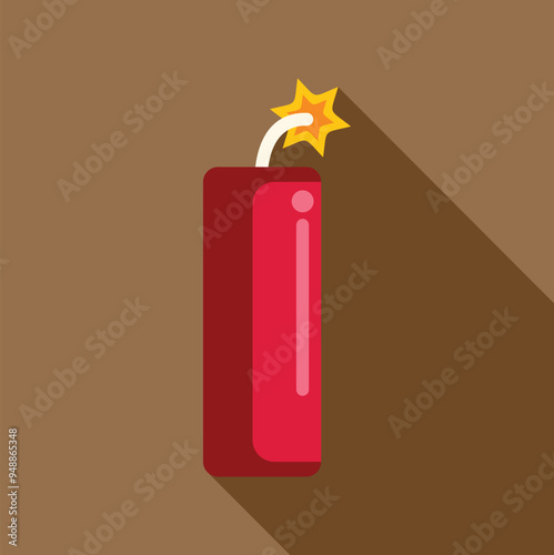 Red dynamite stick with a burning wick is exploding with a long shadow on a brown background