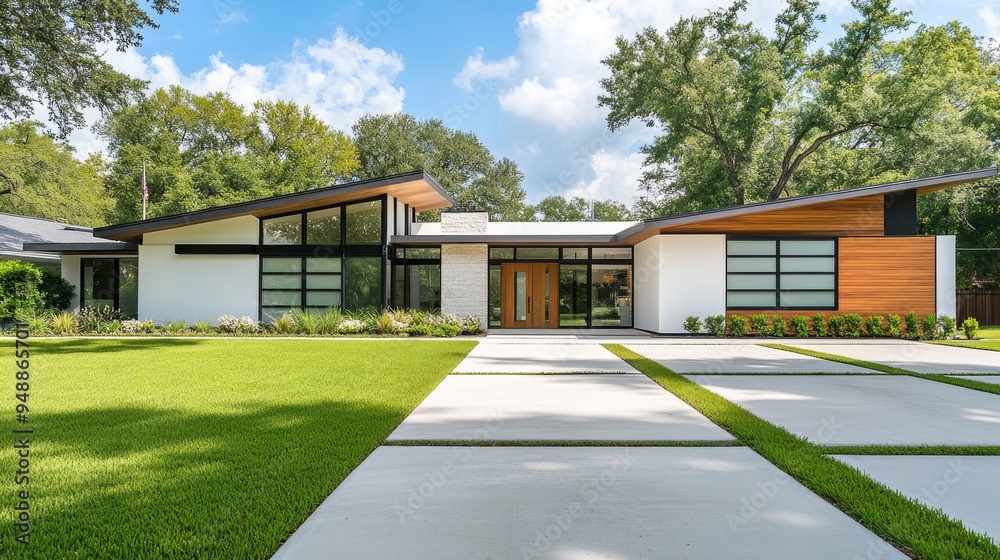 A stunning front view of a contemporary white brick home, which showcases dark wood accents and a beautiful gable roof, is surrounded by lush greenery that provides privacy in Beverly Hills A stunning front view of a contemporary white brick home, which showcases dark wood accents and a beautiful gable roof, is surrounded by lush greenery that provides privacy in Beverly Hills