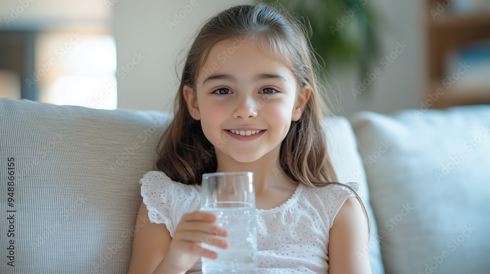 Smiling young girl holding glass of water while sitting on couch. Water balance concept Smiling young girl holding glass of water while sitting on couch. Water balance concept
