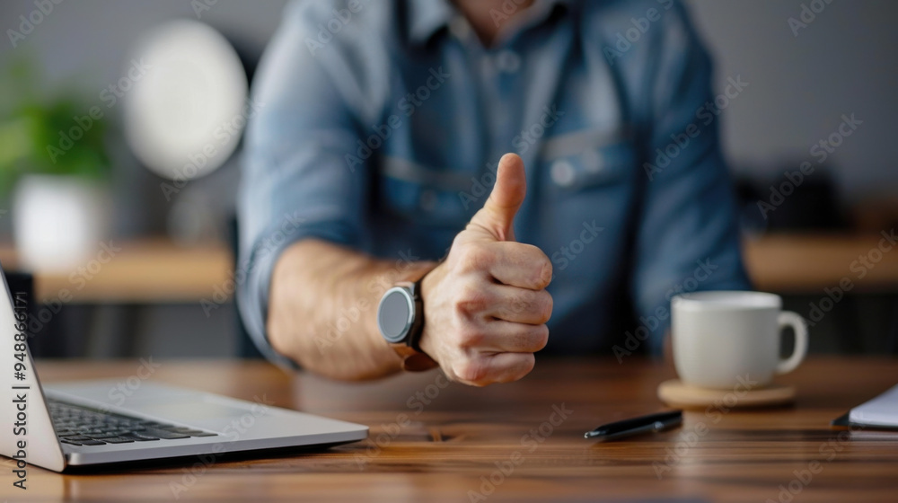 Close-up of a hand giving a thumbs up in a contemporary workspace, symbolizing approval and positivity in a professional setting. Close-up of a hand giving a thumbs up in a contemporary workspace, symbolizing approval and positivity in a professional setting.