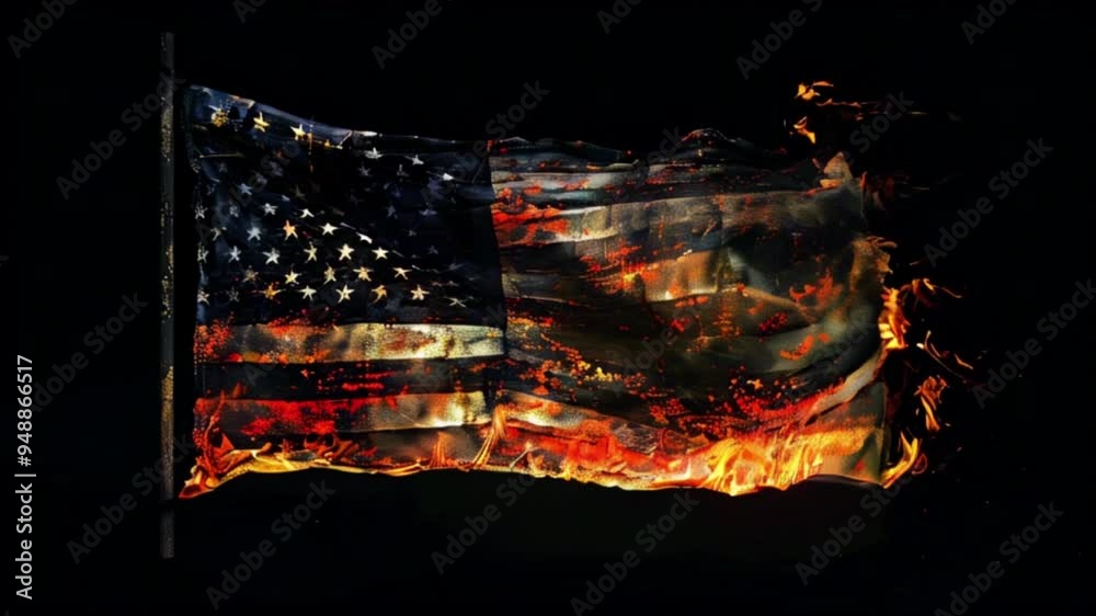 Burning tattered and torn USA flag on black background. American symbol on fire