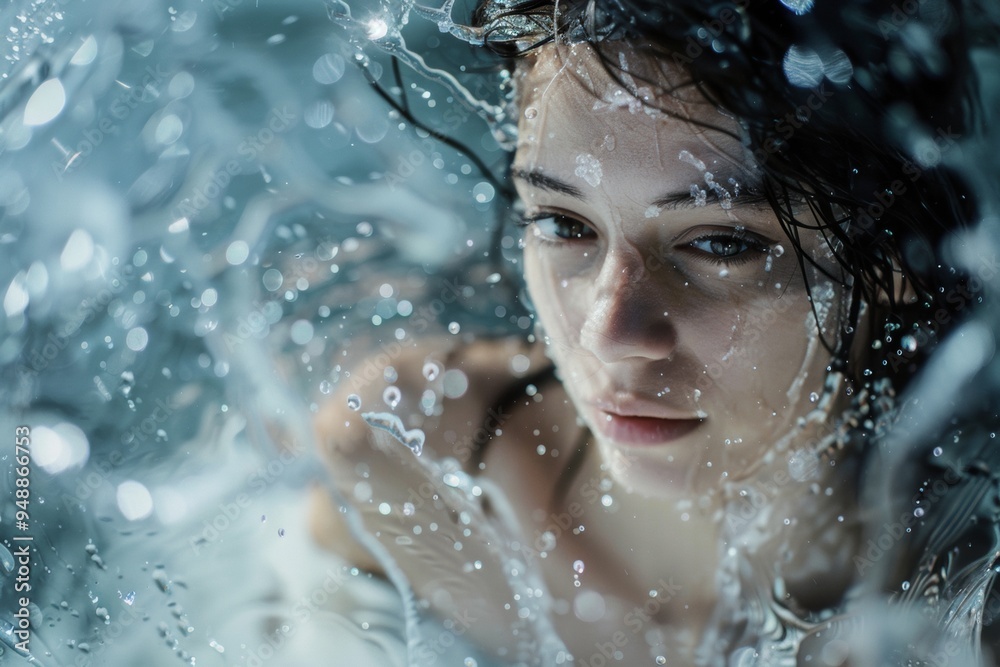 A young woman emerges from water with droplets glistening on her face during a serene afternoon A young woman emerges from water with droplets glistening on her face during a serene afternoon