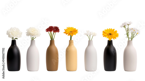 Set of various types of flowers in vases isolated on transparent background photo