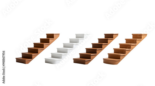 Set of various types of white and brown wooden stairs isolated on transparent background photo