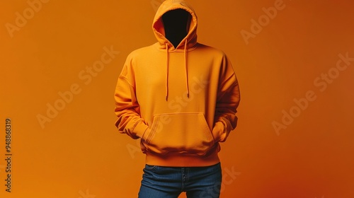 Faceless Man in Orange Hoodie Standing Against an Orange Background photo