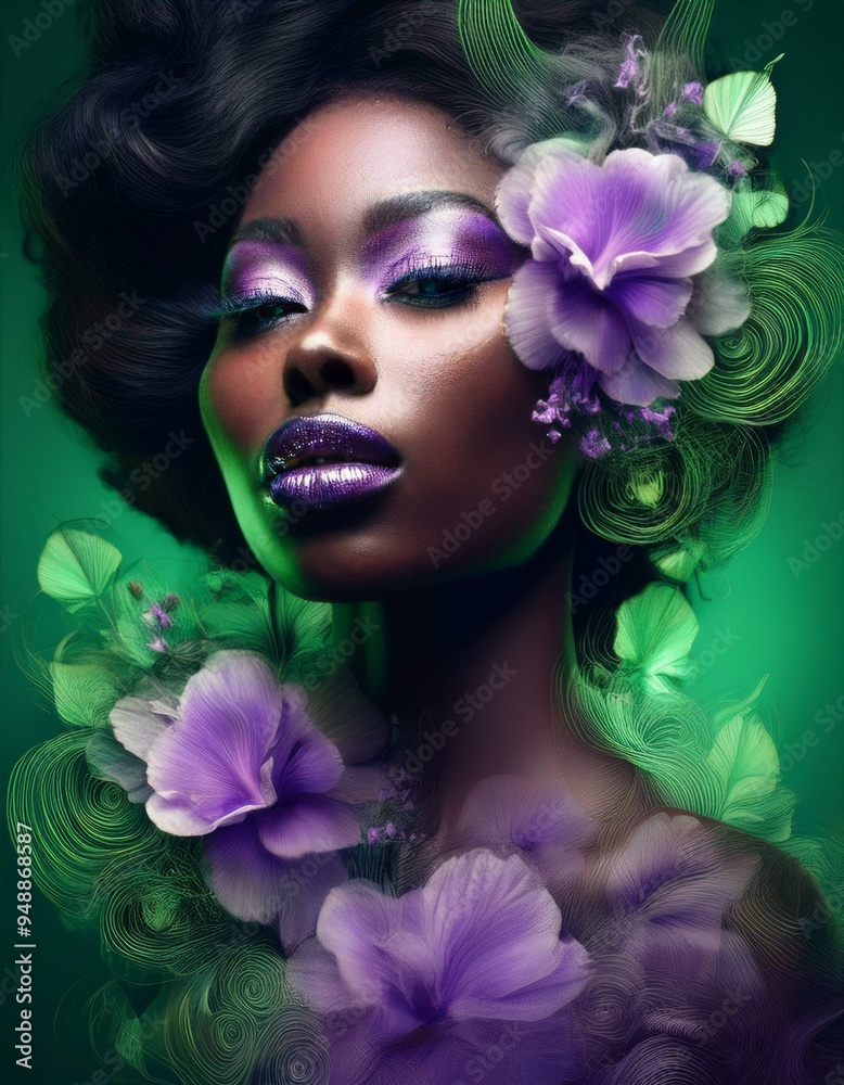 Naklejka premium A confident woman with deep skin tone is surrounded by ethereal green mist and vibrant purple flowers. Her makeup complements the scene, creating a dreamy, surreal atmosphere. Lush green leaves.