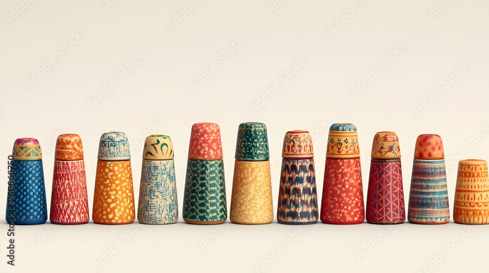A collection of colorful thimbles arranged in a neat row on a light solid color background, showcasing different designs and patterns A collection of colorful thimbles arranged in a neat row on a light solid color background, showcasing different designs and patterns