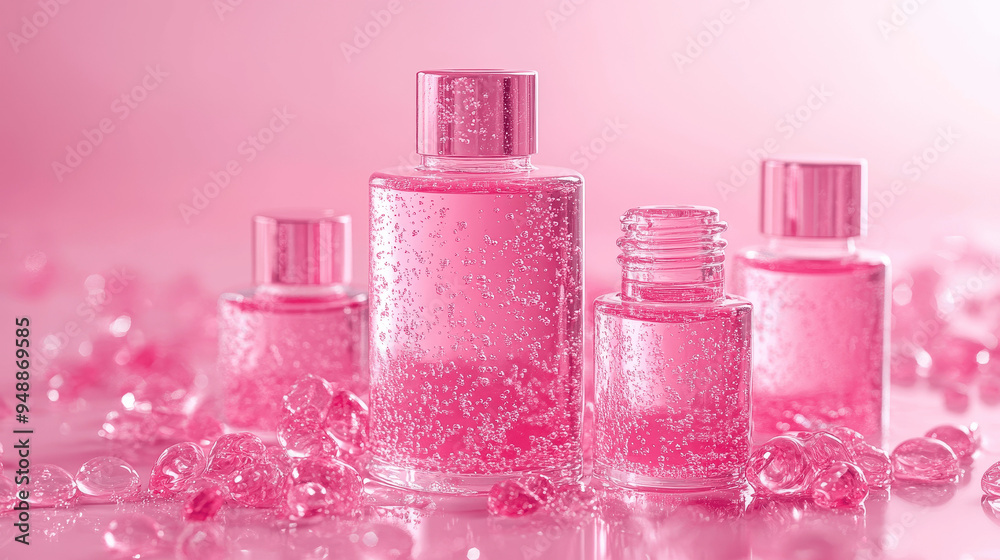 Elegant glass bottles filled with pink liquid surrounded by decorative bubbles on a soft pink background Elegant glass bottles filled with pink liquid surrounded by decorative bubbles on a soft pink background